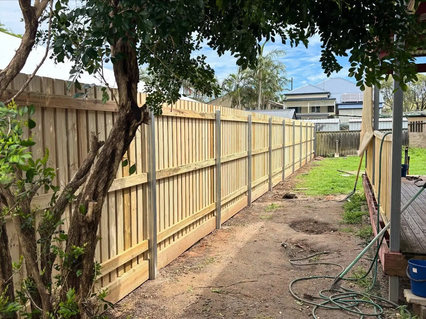 Brand new hardwood paling fence with galvanised steel posts